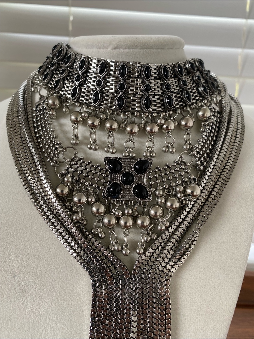 Free People Silver Tone Black Stone Statement Choker Tassel Necklace - Picture 5 of 8